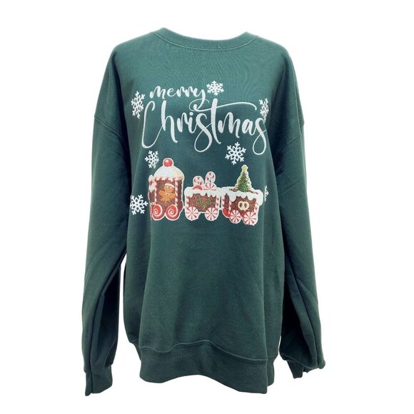 Green Soni Lu Christmas Sweatshirt Unisex With Festive Train Design Size L New - Picture 1 of 12